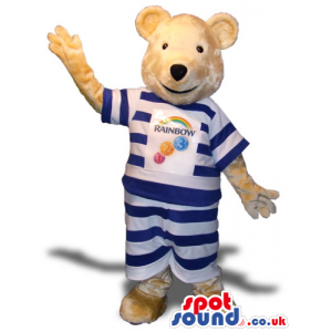 Beige Bear Mascot Wearing A Striped T-Shirt And Logo - Custom