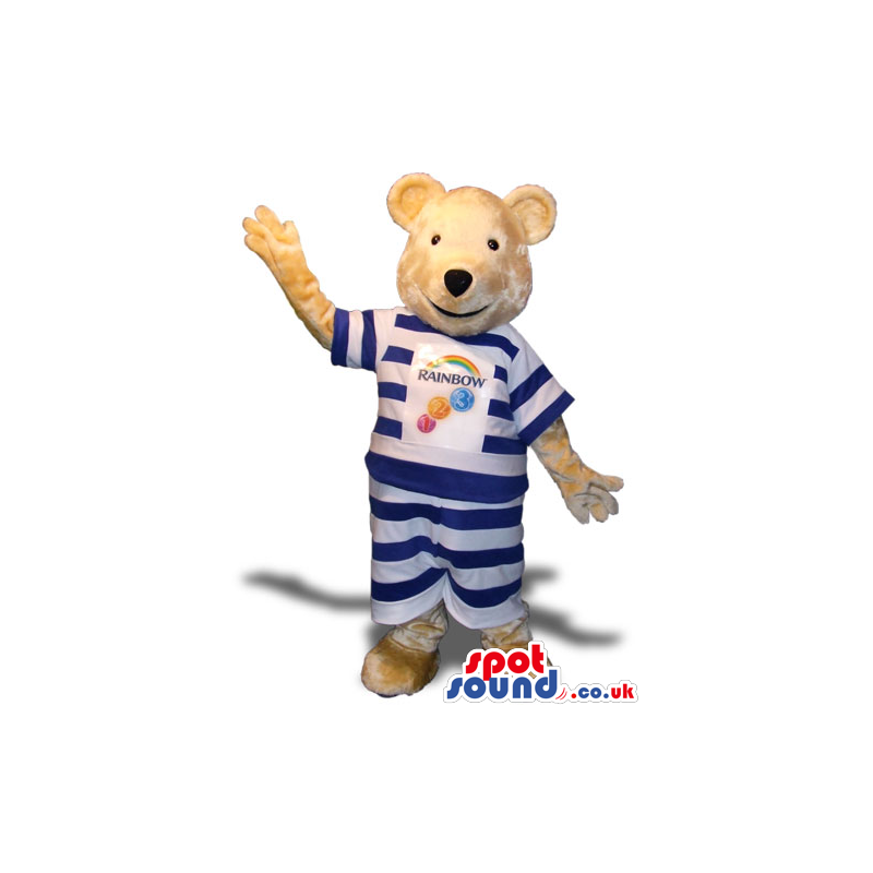 Beige Bear Mascot Wearing A Striped T-Shirt And Logo - Custom