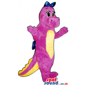 Pink Girl Dinosaur Plush Mascot With Blue Ribbon And Yellow