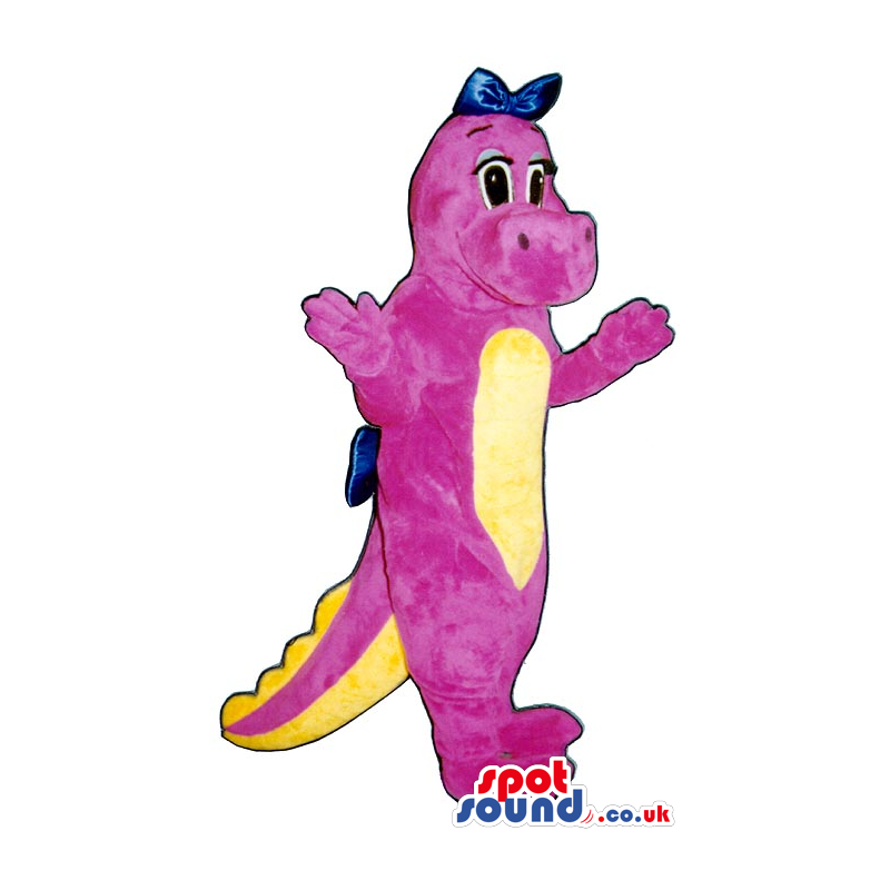 Pink Girl Dinosaur Plush Mascot With Blue Ribbon And Yellow