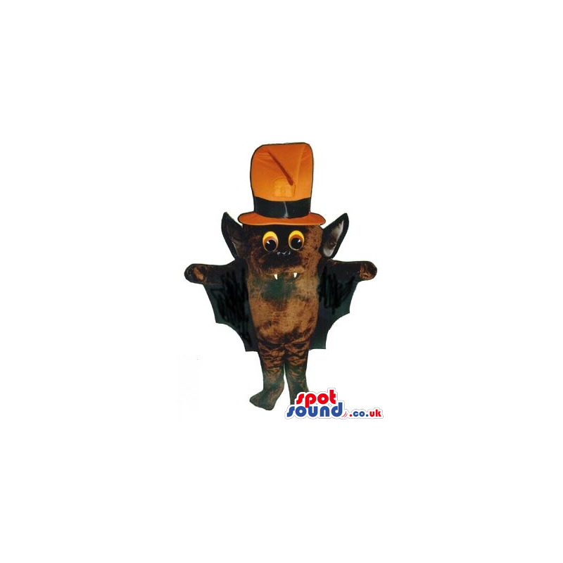 Cute Brown Bat Halloween Plush Mascot Wearing An Orange Hat -
