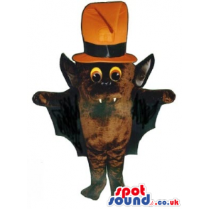 Cute Brown Bat Halloween Plush Mascot Wearing An Orange Hat -
