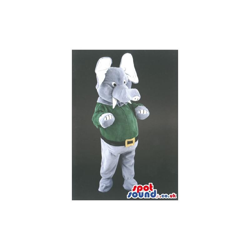 Elephant mascot with a tusk wearing a green t-shirt and belt -