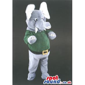 Elephant mascot with a tusk wearing a green t-shirt and belt -