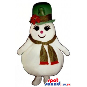 Cute Girl Snowman Plush Mascot Wearing A Green Hat And A Scarf
