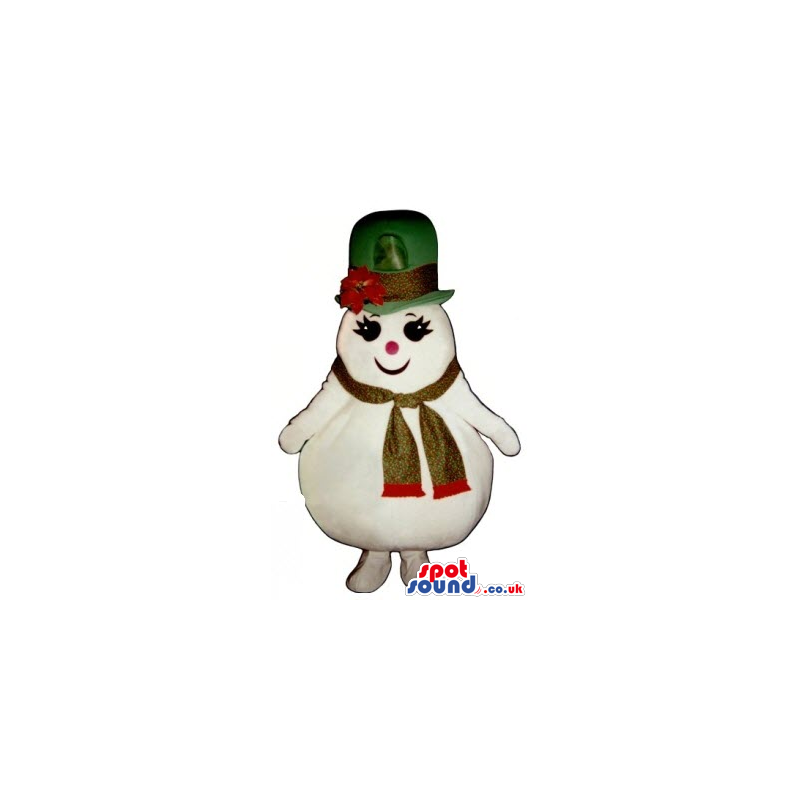 Cute Girl Snowman Plush Mascot Wearing A Green Hat And A Scarf