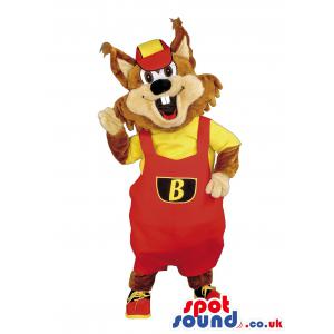 Bunny mascot in red and yellow jumper shorts, cap and shoes -