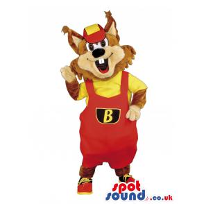 Bunny mascot in red and yellow jumper shorts, cap and shoes -