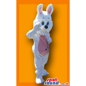 Fantastic White Rabbit Mascot With Blue Eyes And Pink Belly -