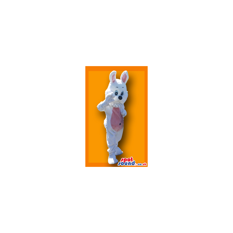 Fantastic White Rabbit Mascot With Blue Eyes And Pink Belly -