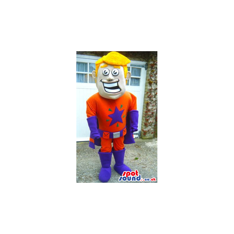 Smiling Blond Boy Wearing Superhero Orange And Purple Garments