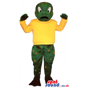 Green Frog Mascot With Yellow Spots Wearing A Yellow T-Shirt -