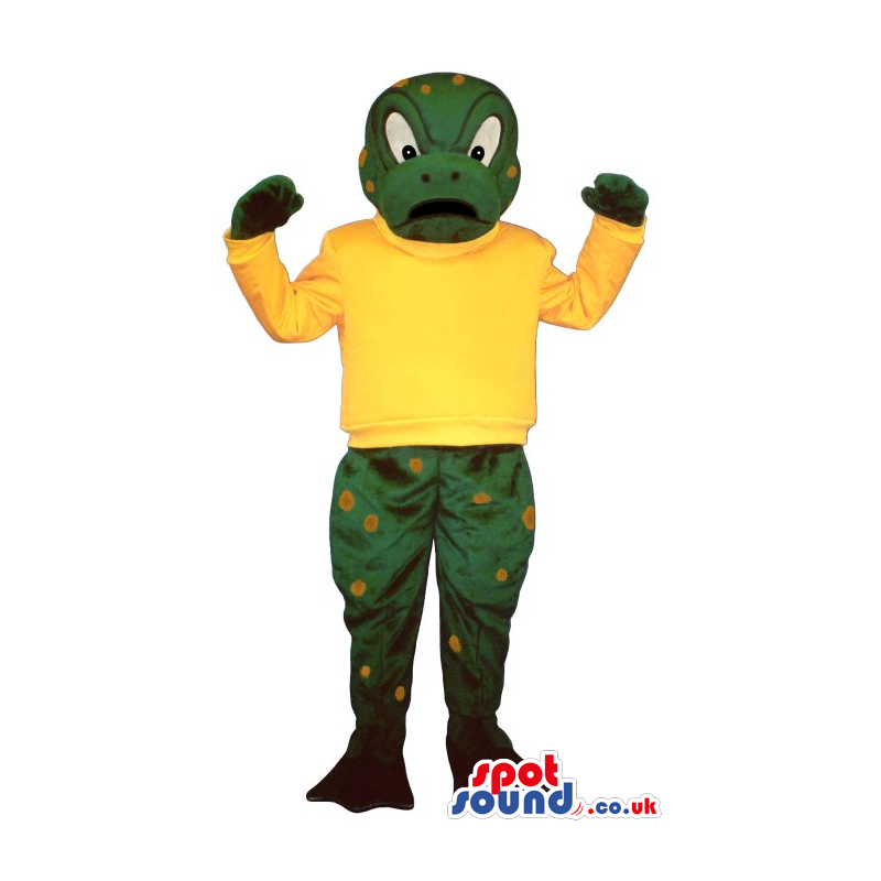 Green Frog Mascot With Yellow Spots Wearing A Yellow T-Shirt -