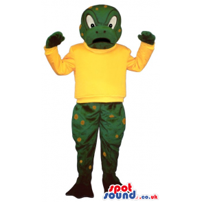 Green Frog Mascot With Yellow Spots Wearing A Yellow T-Shirt -
