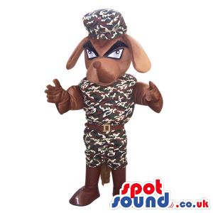 Brown Angry Dog Mascot Wearing A Camouflage Uniform - Custom