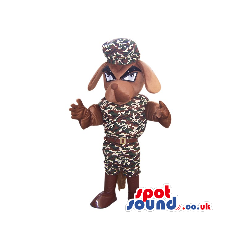 Brown Angry Dog Mascot Wearing A Camouflage Uniform - Custom