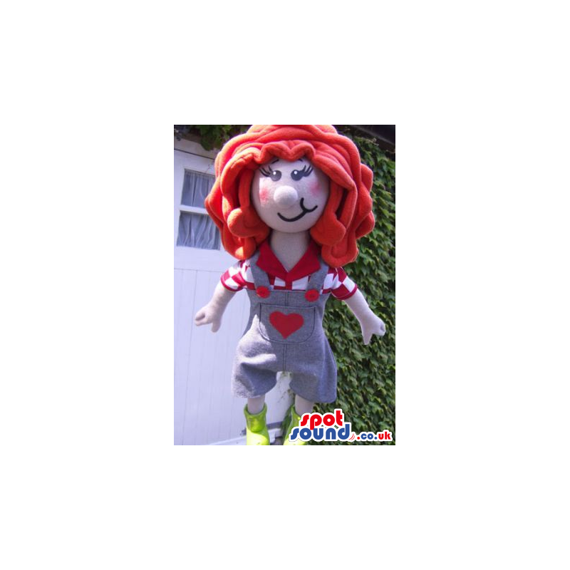 Girl Mascot With Big Red Hair, Wearing Overalls With A Heart -