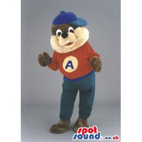 Squirrel mascot with blue cap, red top and a peacock blue