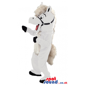 Customizable White Horse Plush Mascot With Black Reins - Custom