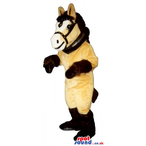 Customizable Beige And Brown Horse Plush Mascot Wearing Reins -