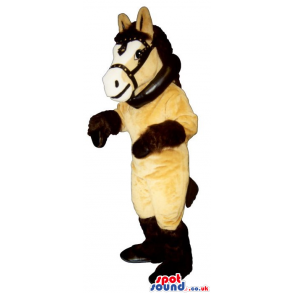 Customizable Beige And Brown Horse Plush Mascot Wearing Reins -