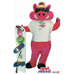 Fantastic Snowboarder Pig Mascot Wearing A T-Shirt - Custom
