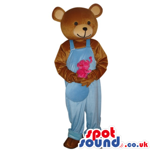 Brown Teddy Bear Animal Mascot Wearing Blue Overalls