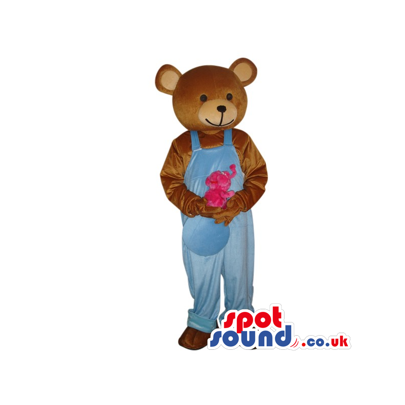 Brown Teddy Bear Animal Mascot Wearing Blue Overalls - Custom