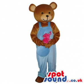 Brown Teddy Bear Animal Mascot Wearing Blue Overalls - Custom