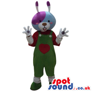 Colorful Plush Rabbit Wearing Green Overalls With A Heart -