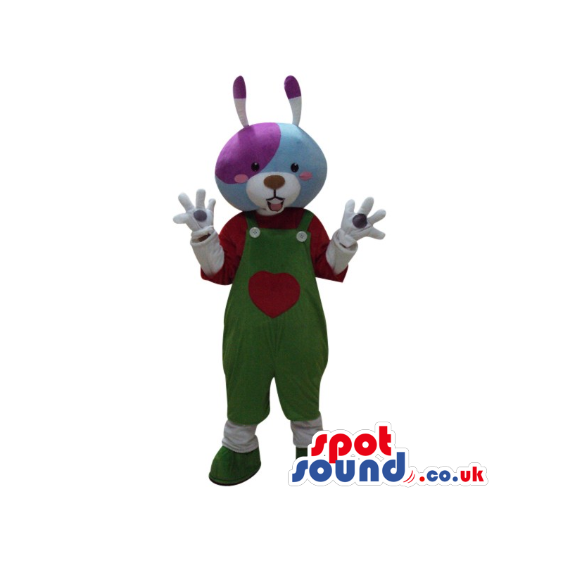 Colorful Plush Rabbit Wearing Green Overalls With A Heart -