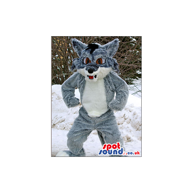 Grey Wolf Animal Plush Mascot With A White Belly And Brown Eyes