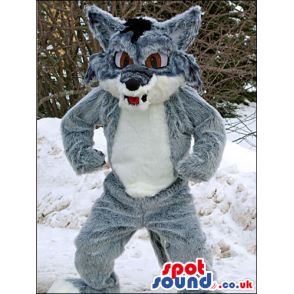 Grey Wolf Animal Plush Mascot With A White Belly And Brown Eyes