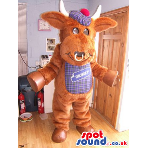 Brown Cow Plush Mascot With A Red Scottish Hat And Logo -