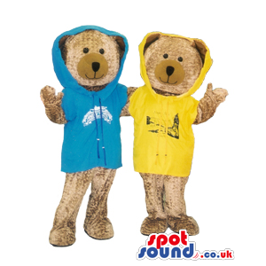 Two Brown Bears In A Yellow And A Blue Sweatshirt With Logo -