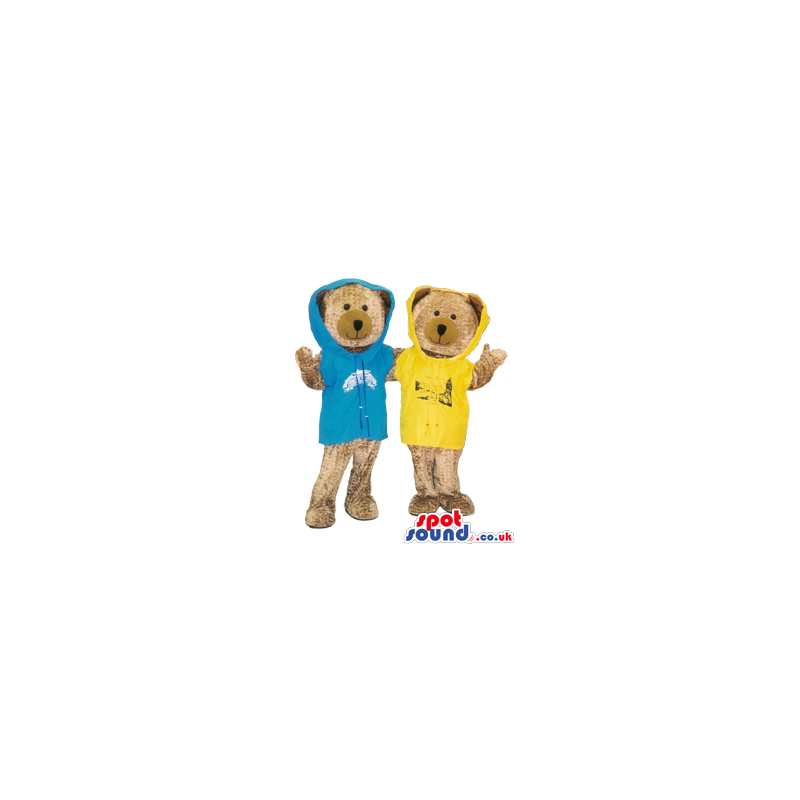Two Brown Bears In A Yellow And A Blue Sweatshirt With Logo -