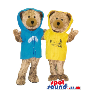 Two Brown Bears In A Yellow And A Blue Sweatshirt With Logo -