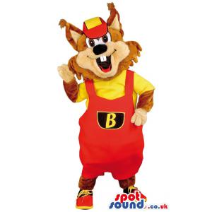 Bunny mascot in red and yellow jumper shorts, cap and shoes -