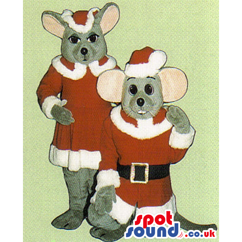 Two Grey Mice Mascots Wearing Santa Claus Garments - Custom