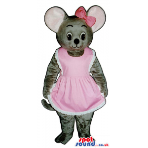 Grey Girl Mouse Mascot Wearing A Pink Dress And A Ribbon -