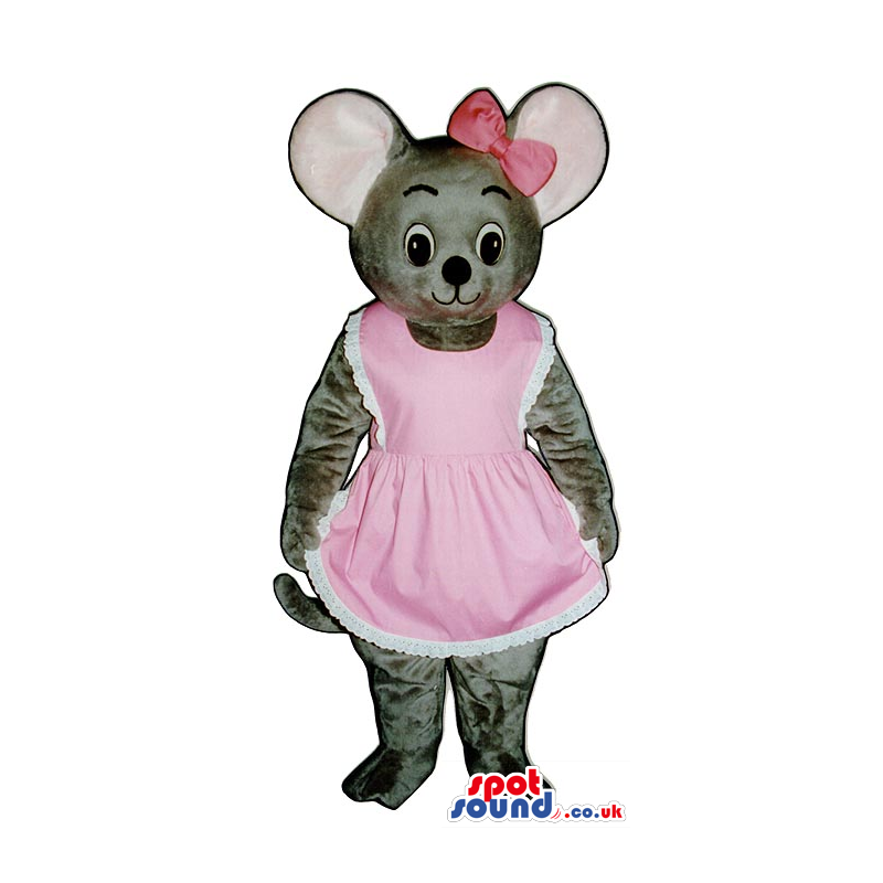 Grey Girl Mouse Mascot Wearing A Pink Dress And A Ribbon -