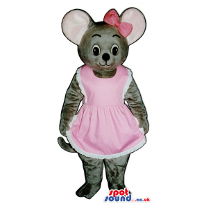 Grey Girl Mouse Mascot Wearing A Pink Dress And A Ribbon -