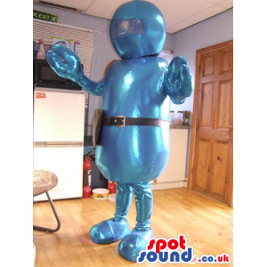 Big Shinny Blue Robot Mascot With A Round Head And A Belt -