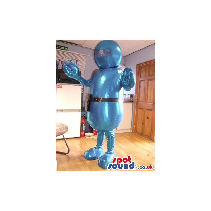 Big Shinny Blue Robot Mascot With A Round Head And A Belt -