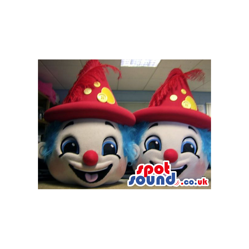 Two Funny And Cute Clown Plush Mascot Heads With Red Hats -