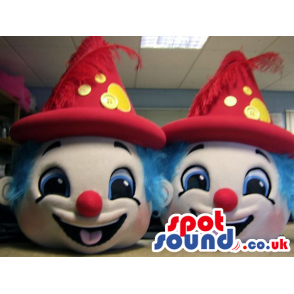 Two Funny And Cute Clown Plush Mascot Heads With Red Hats -