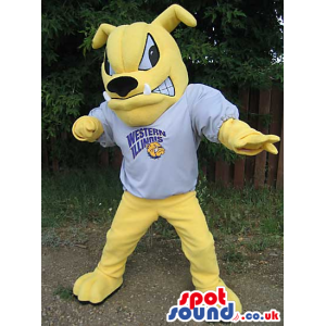 Yellow Angry Dog Mascot Wearing T-Shirt With Logo - Custom