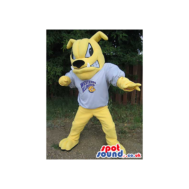 Yellow Angry Dog Mascot Wearing T-Shirt With Logo - Custom