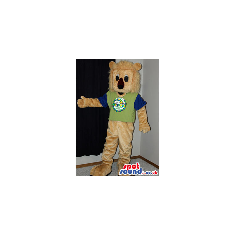 Beige Lion Animal Plush Mascot Wearing A Green And Black