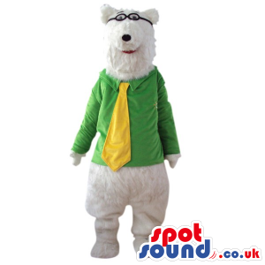 White Bear Plush Mascot Wearing Glasses And Yellow Tie - Custom